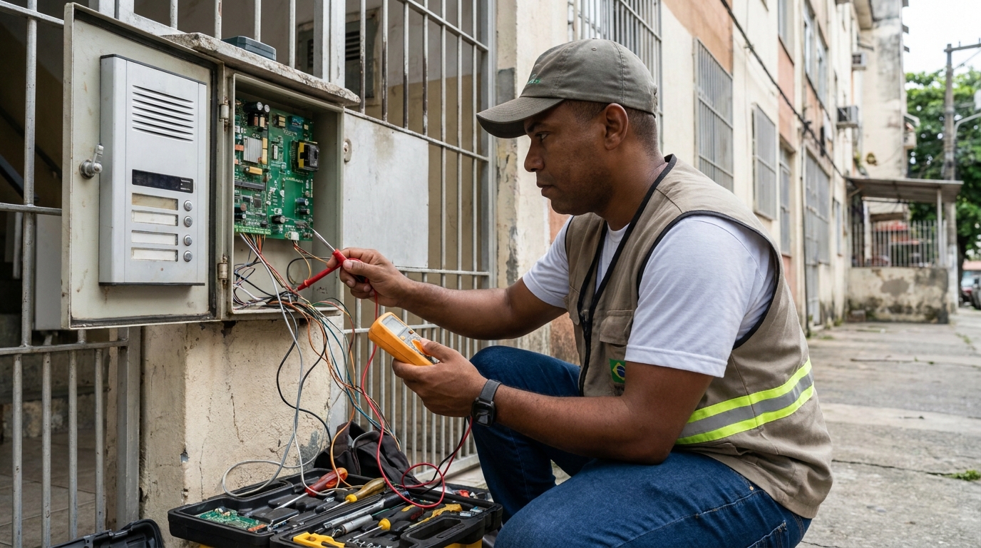 Eletricista consertando interfone em Osasco‑SP
