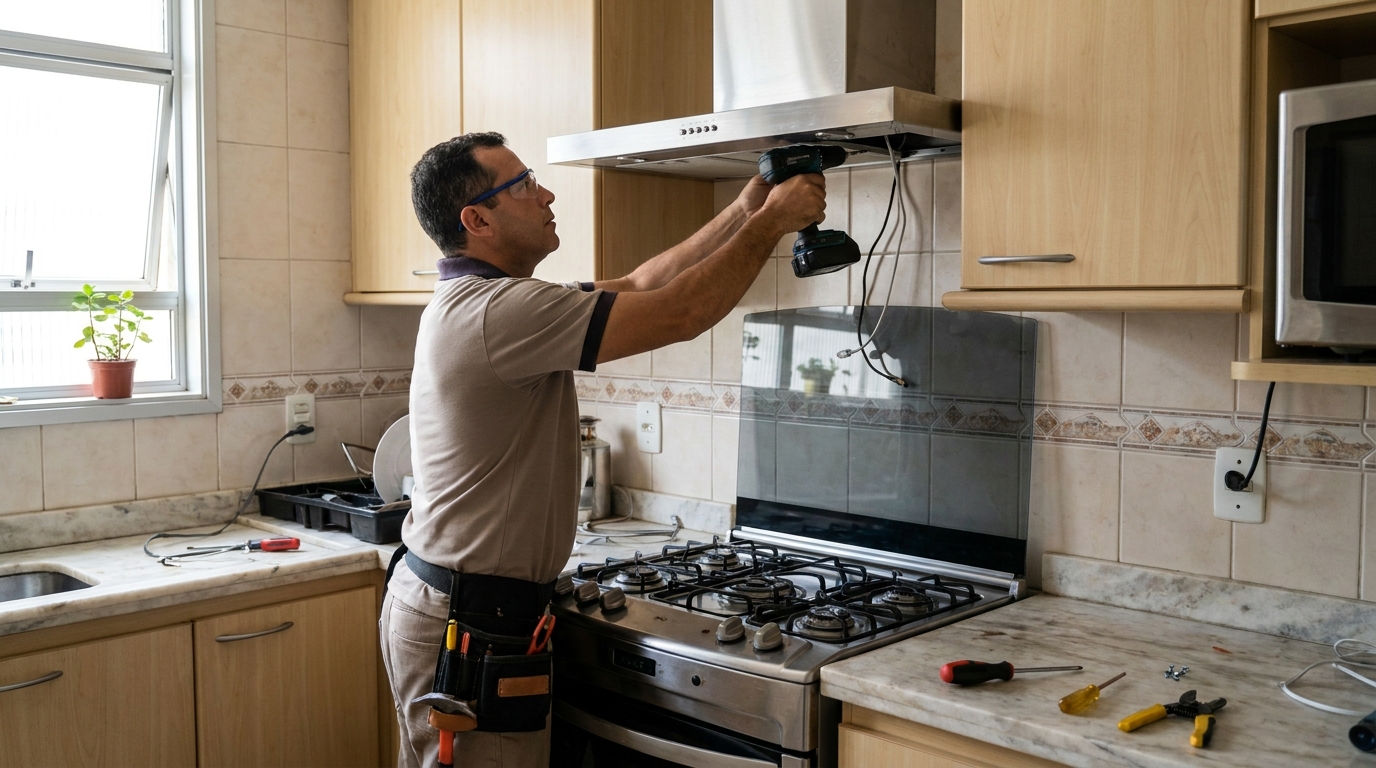 Eletricista instalando coifa em Osasco‑SP