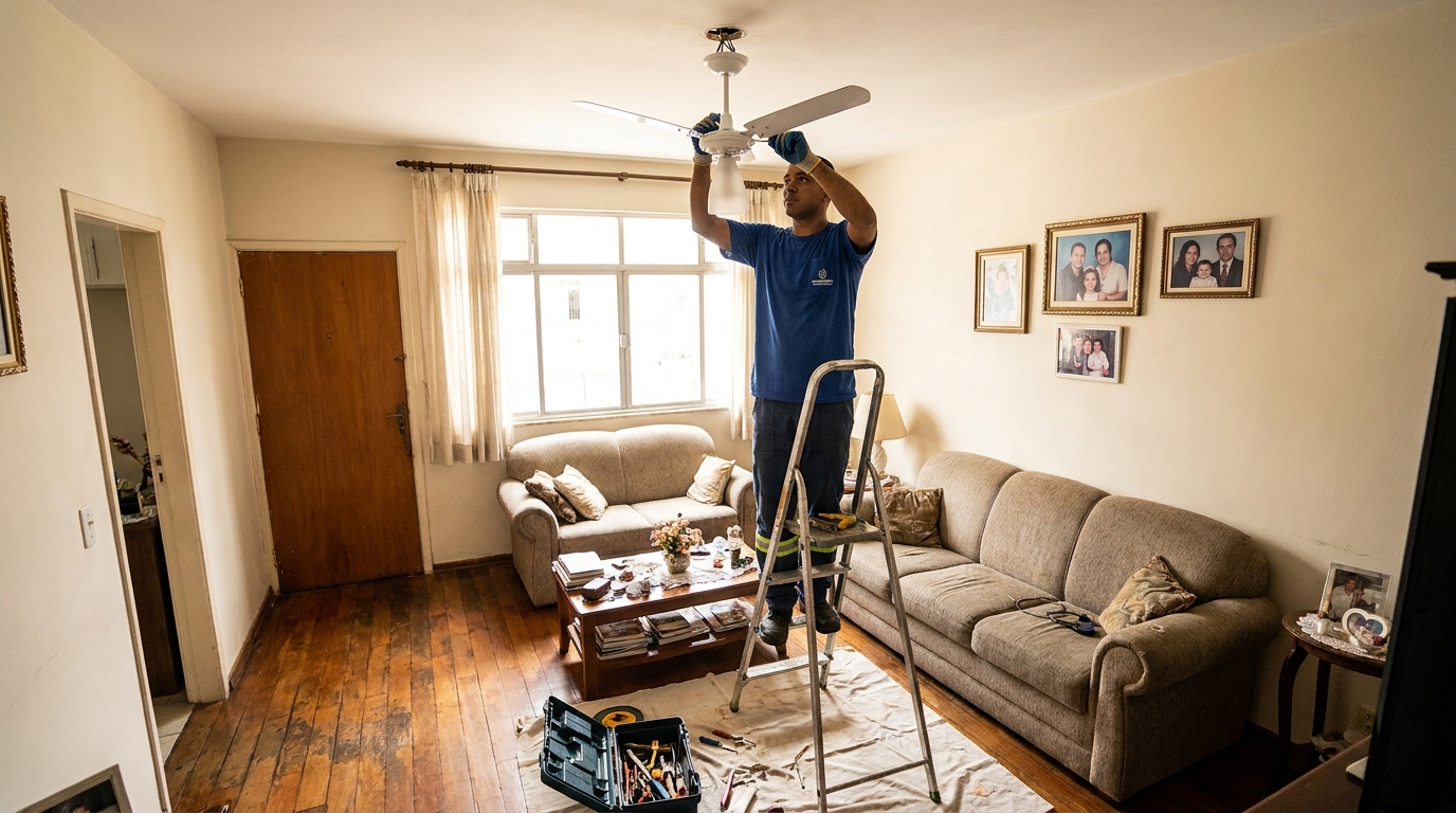 Eletricista instalando ventilador de teto em Osasco‑SP
